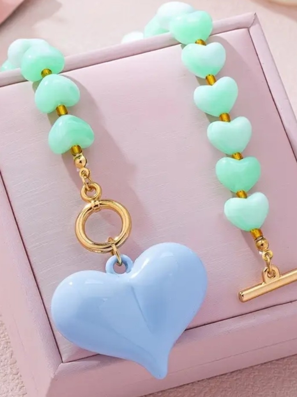 Pastel Heart Beaded Necklace with Blue Heart Pendant